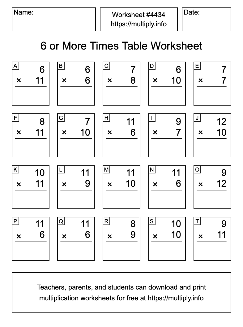 6 or more Times Table Worksheet #4434