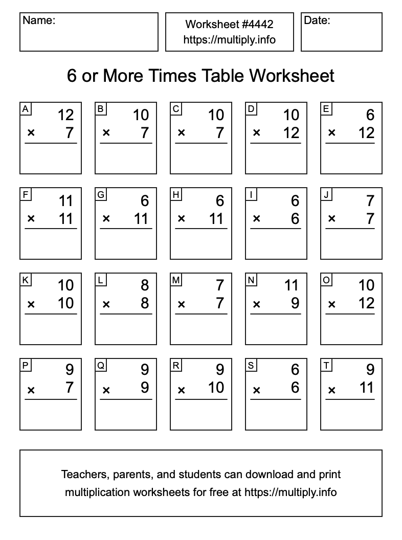 6 or more Times Table Worksheet #4442