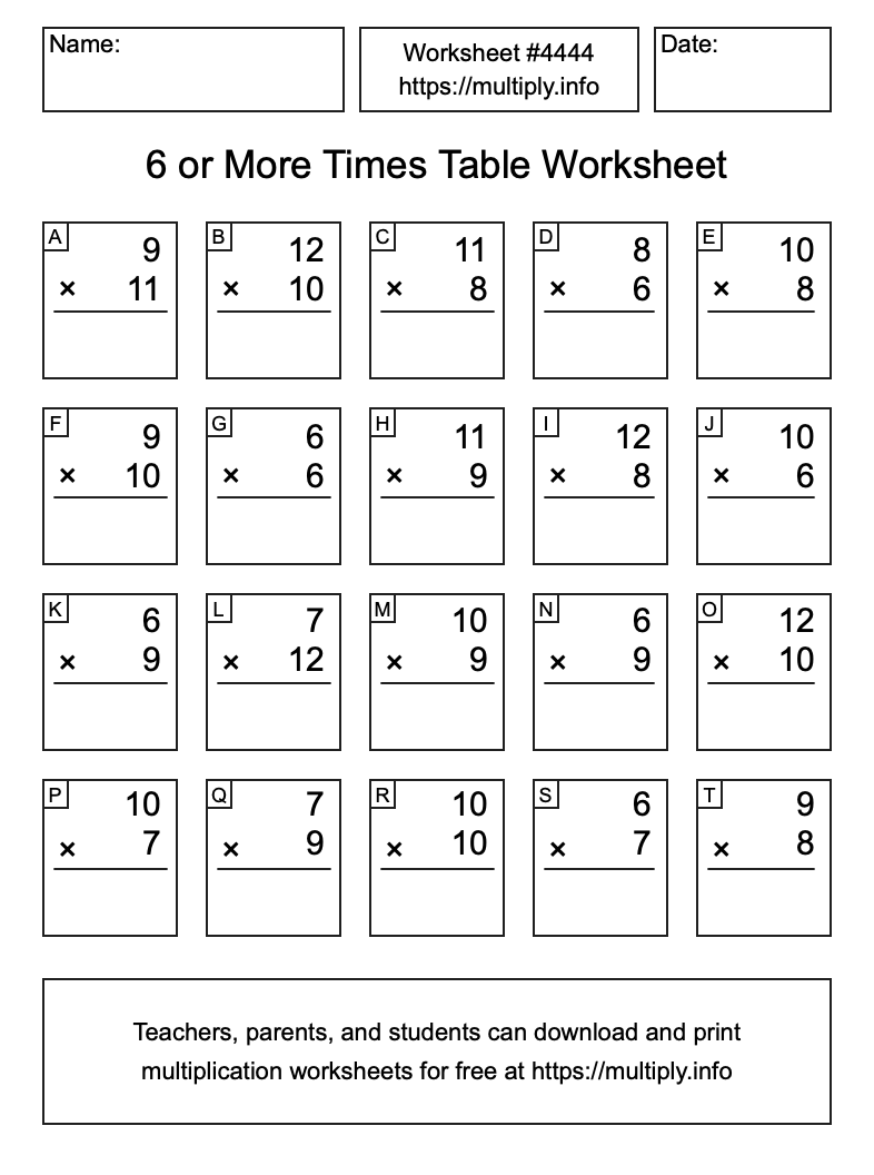6 or more Times Table Worksheet #4444