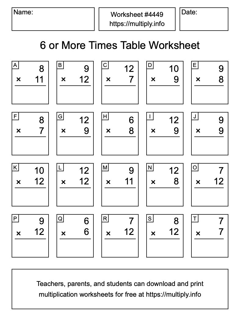 6 or more Times Table Worksheet #4449