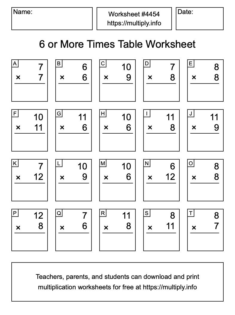 6 or more Times Table Worksheet #4454