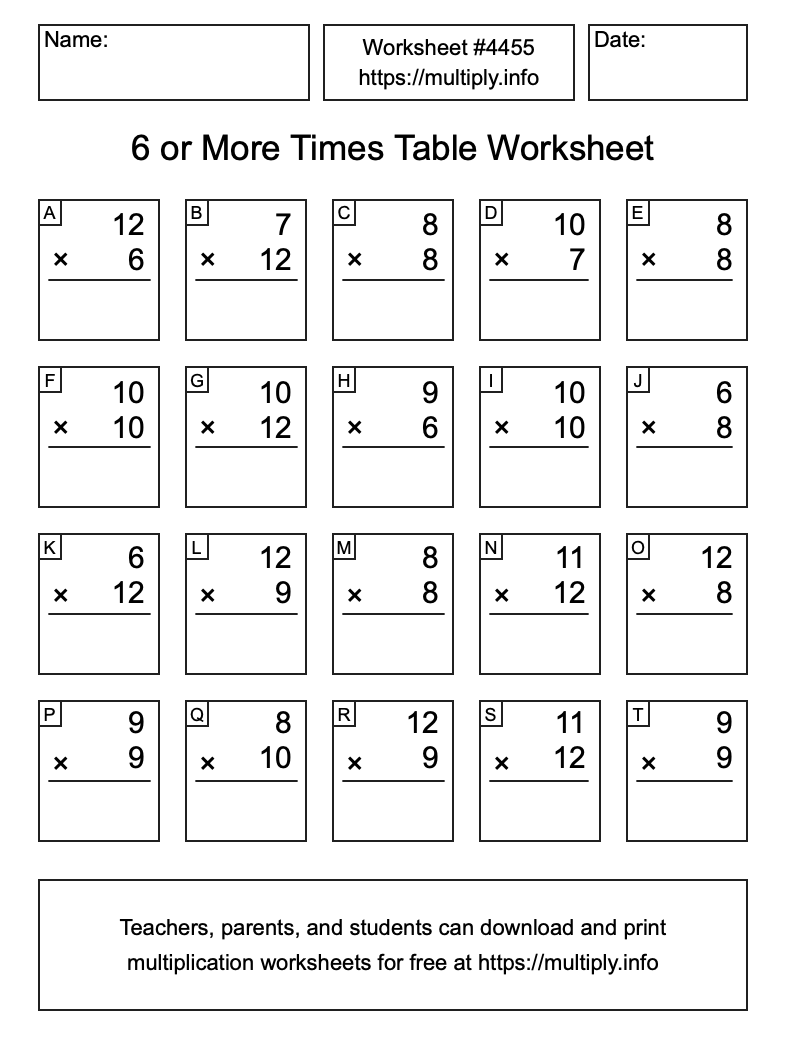 6 or more Times Table Worksheet #4455