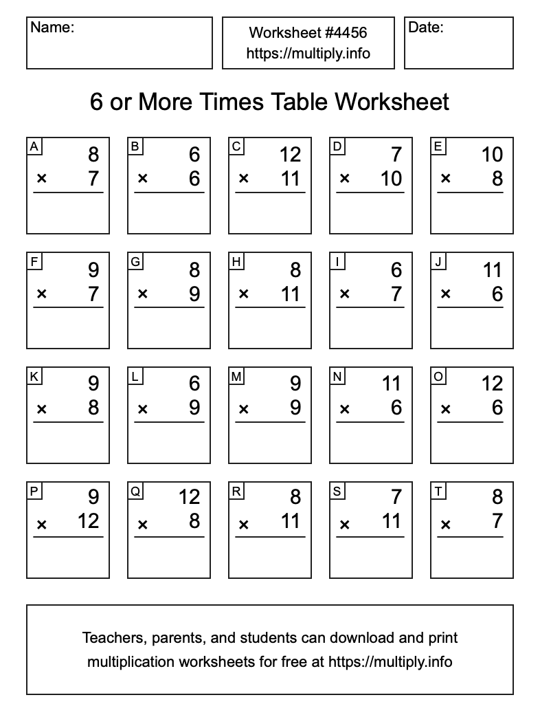 6 or more Times Table Worksheet #4456