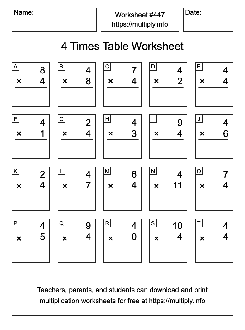 4 Times Table Worksheet #447