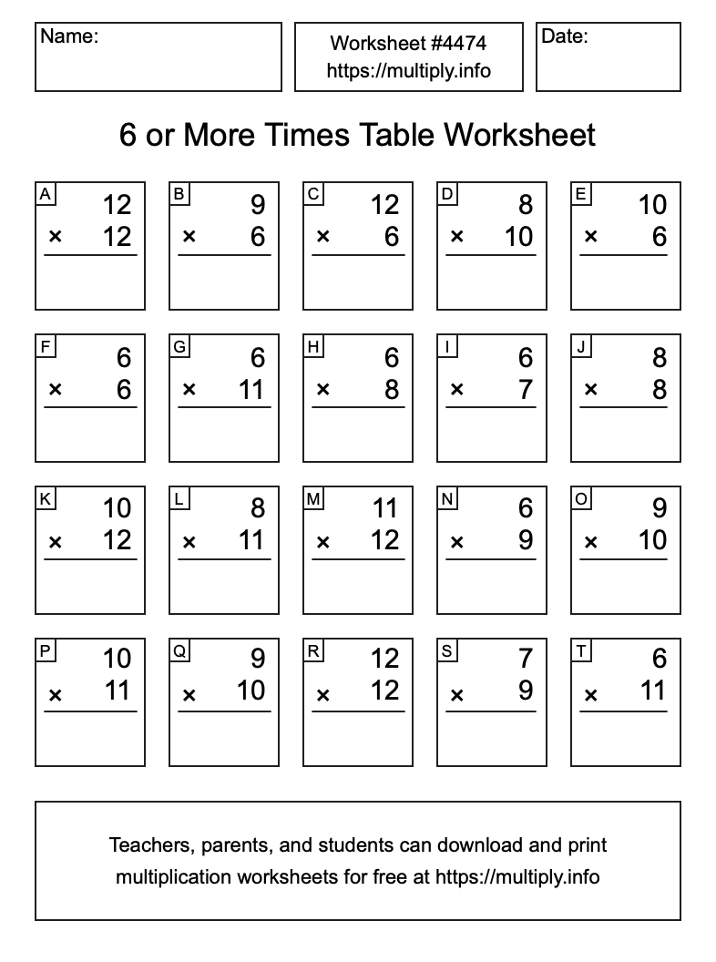 6 or more Times Table Worksheet #4474