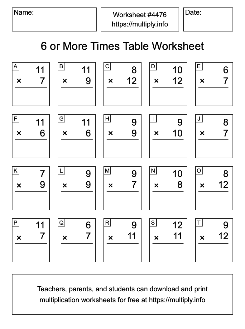 6 or more Times Table Worksheet #4476