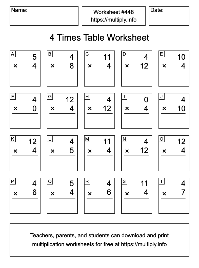 4 Times Table Worksheet #448