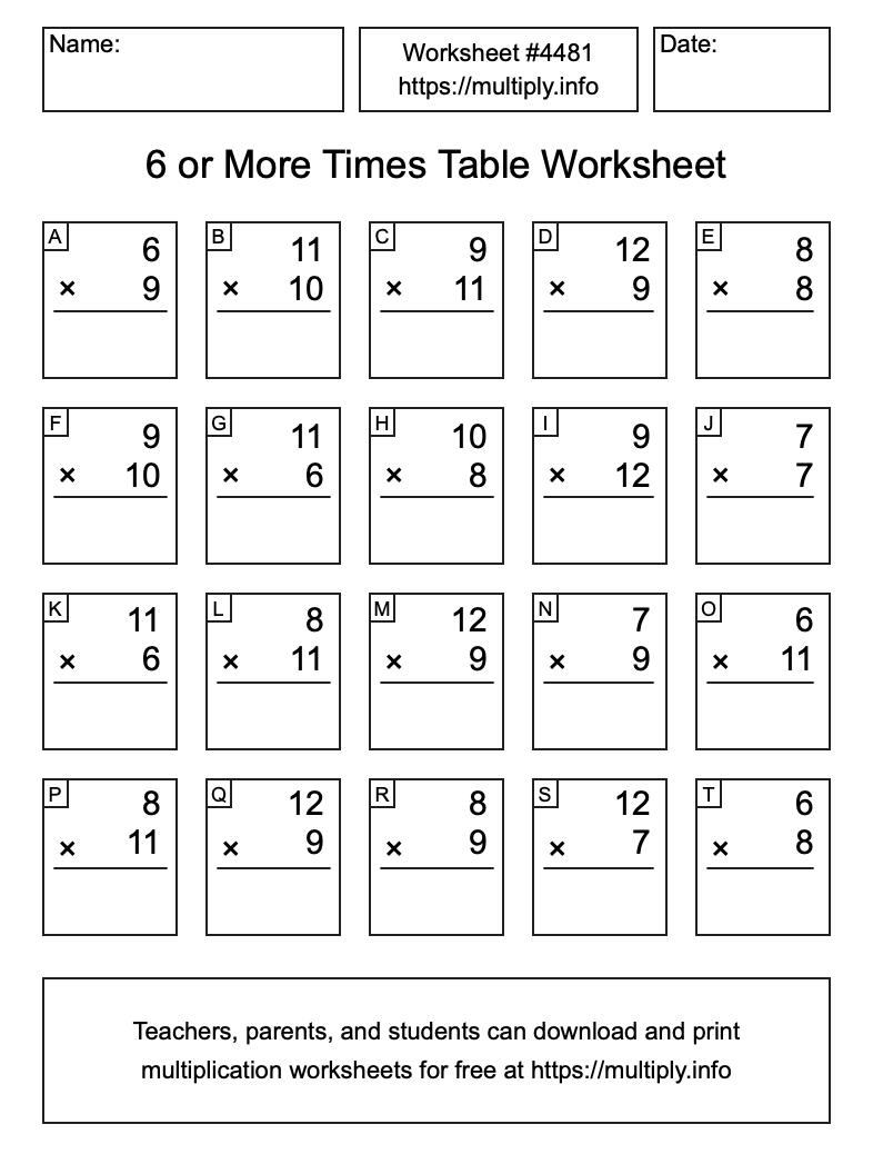 6 or more Times Table Worksheet #4481