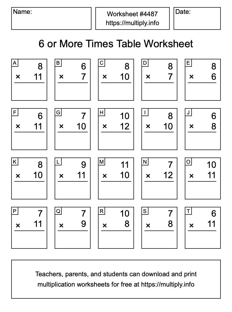 6 or more Times Table Worksheet #4487