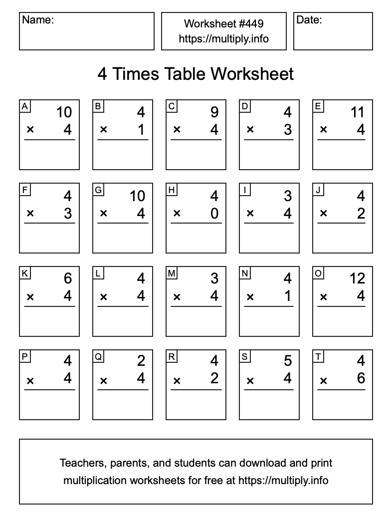 4 Times Table Worksheet #449