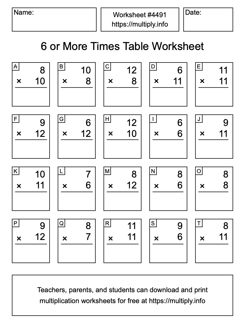 6 or more Times Table Worksheet #4491