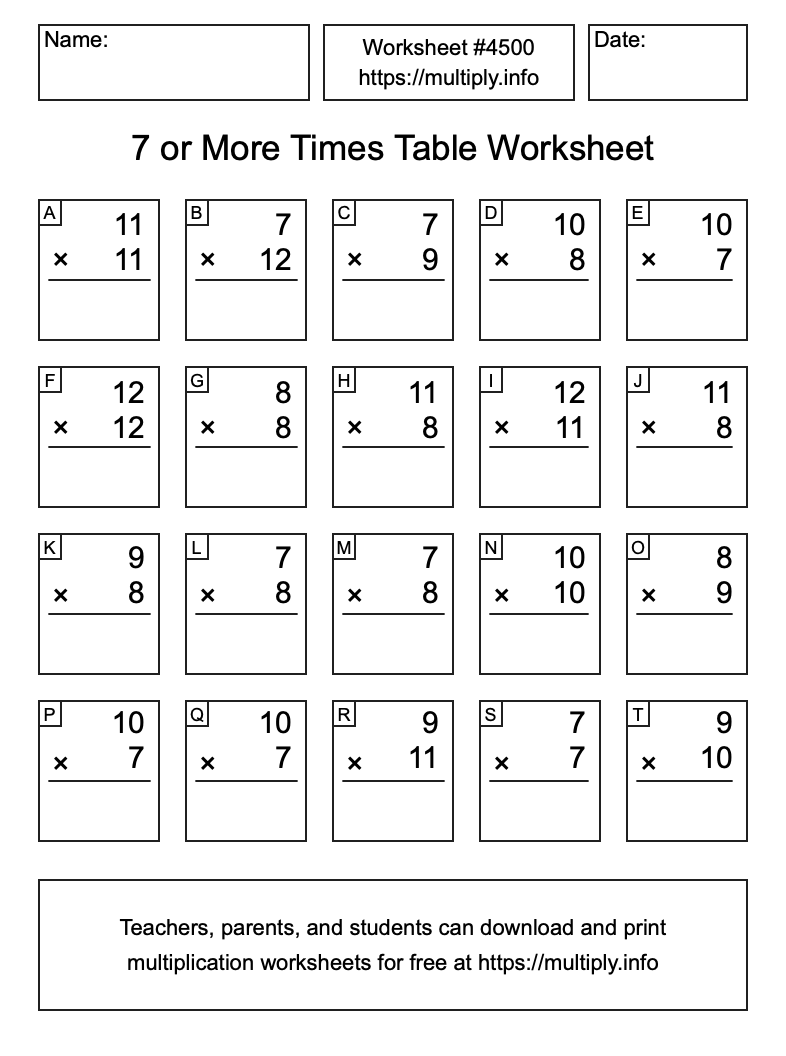 7 or more Times Table Worksheet #4500