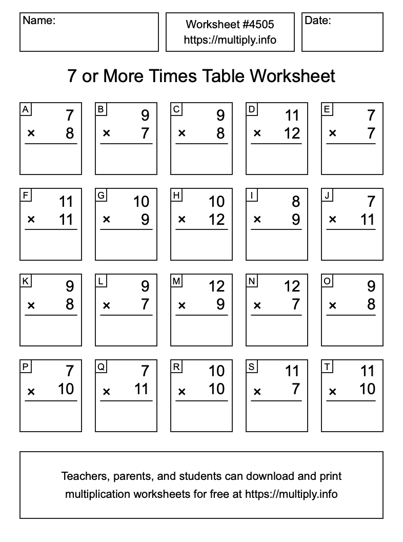 7 or more Times Table Worksheet #4505