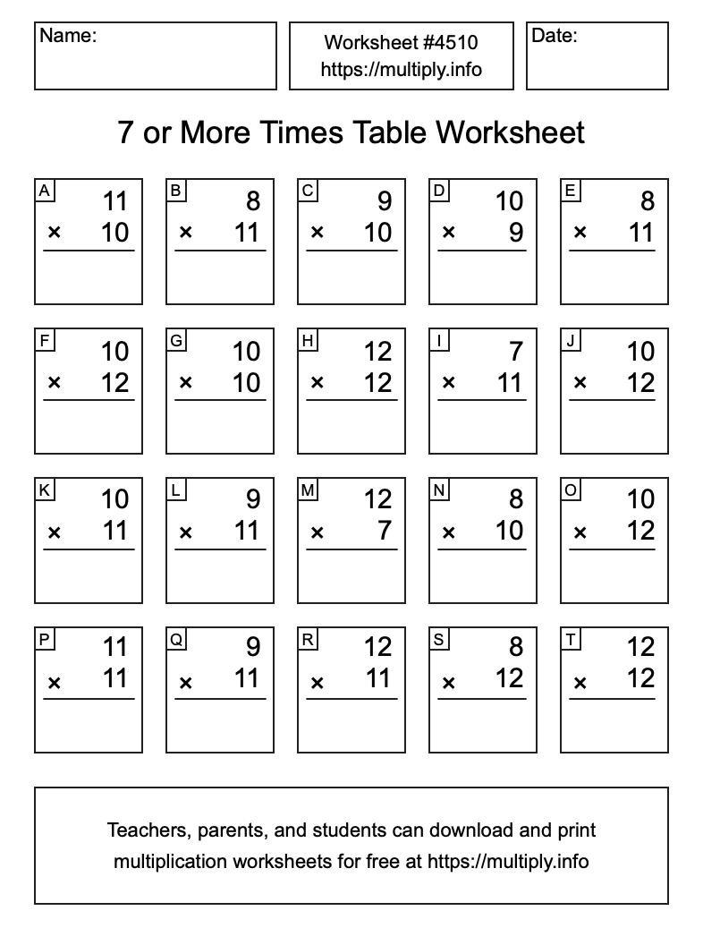 7 or more Times Table Worksheet #4510