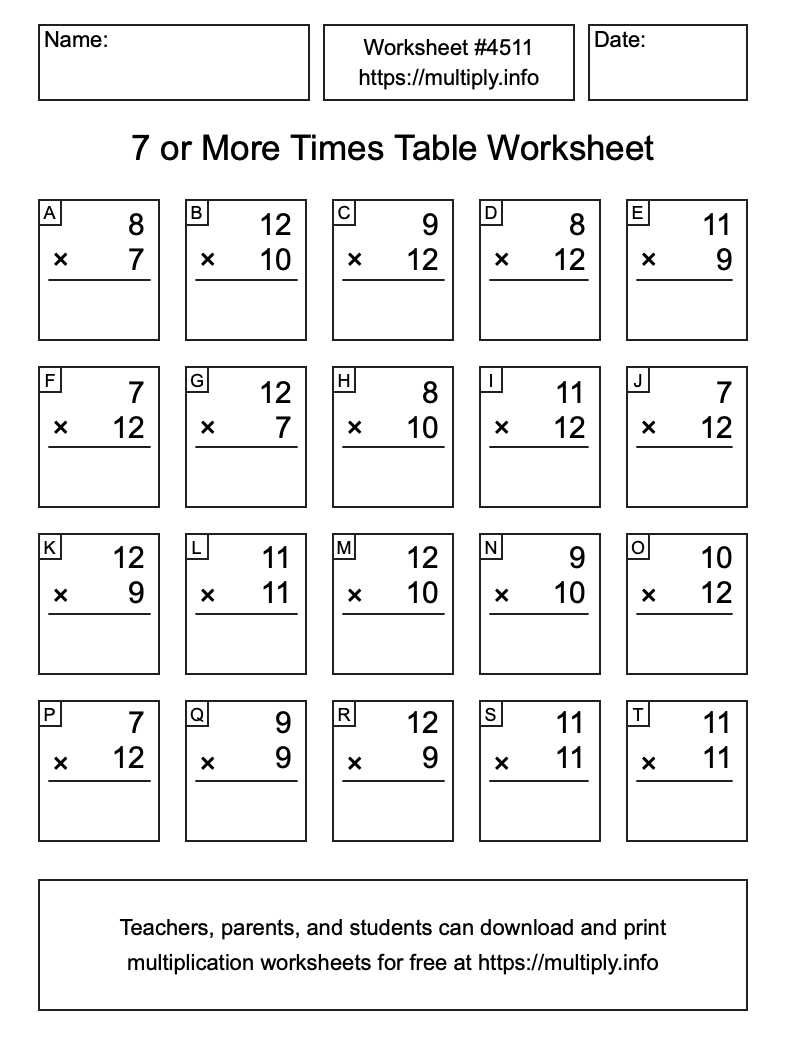 7 or more Times Table Worksheet #4511