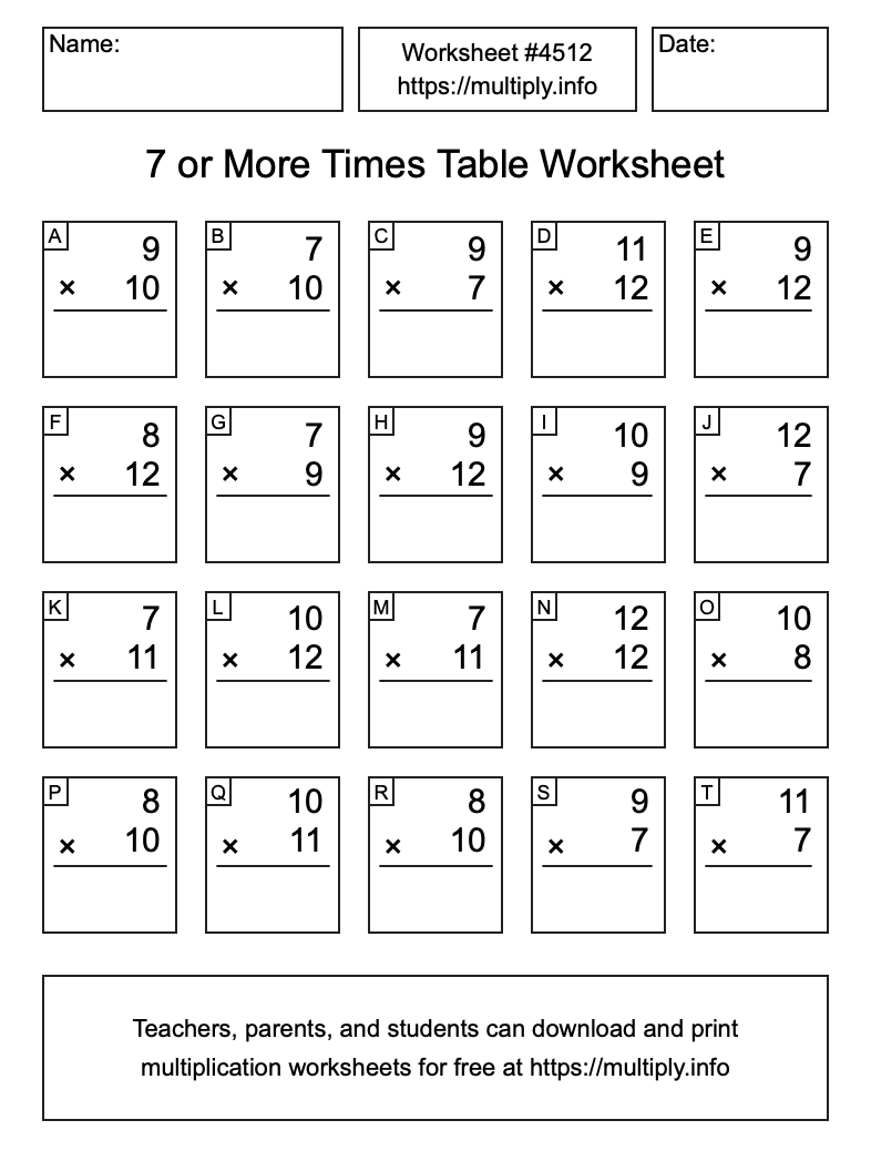 7 or more Times Table Worksheet #4512