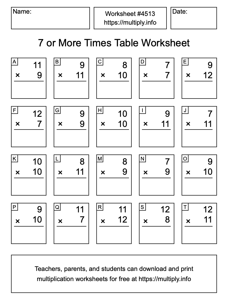 7 or more Times Table Worksheet #4513
