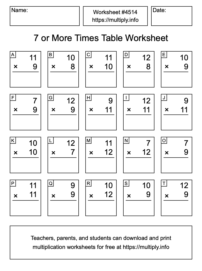 7 or more Times Table Worksheet #4514