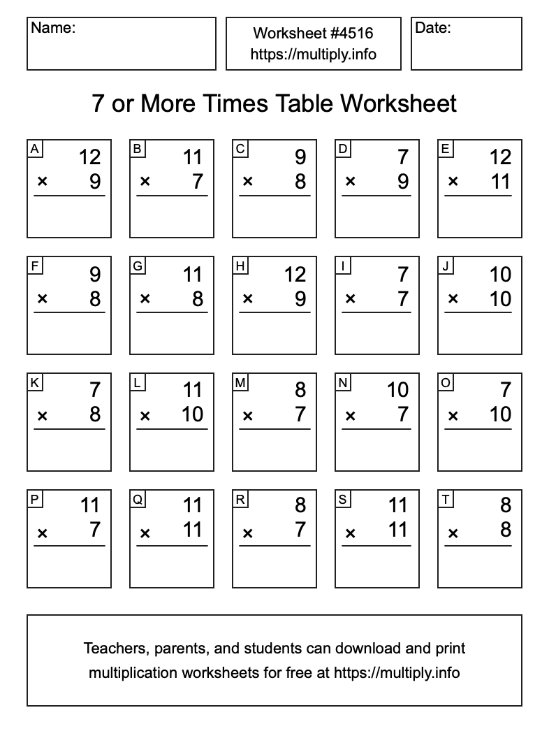 7 or more Times Table Worksheet #4516