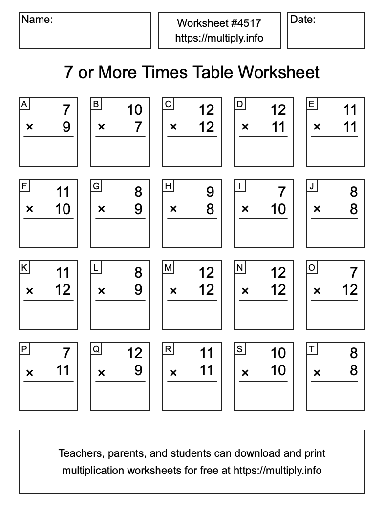 7 or more Times Table Worksheet #4517