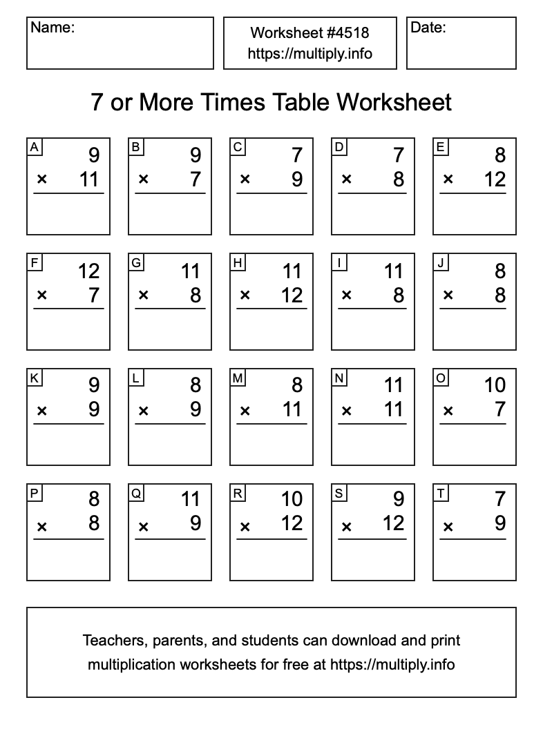 7 or more Times Table Worksheet #4518