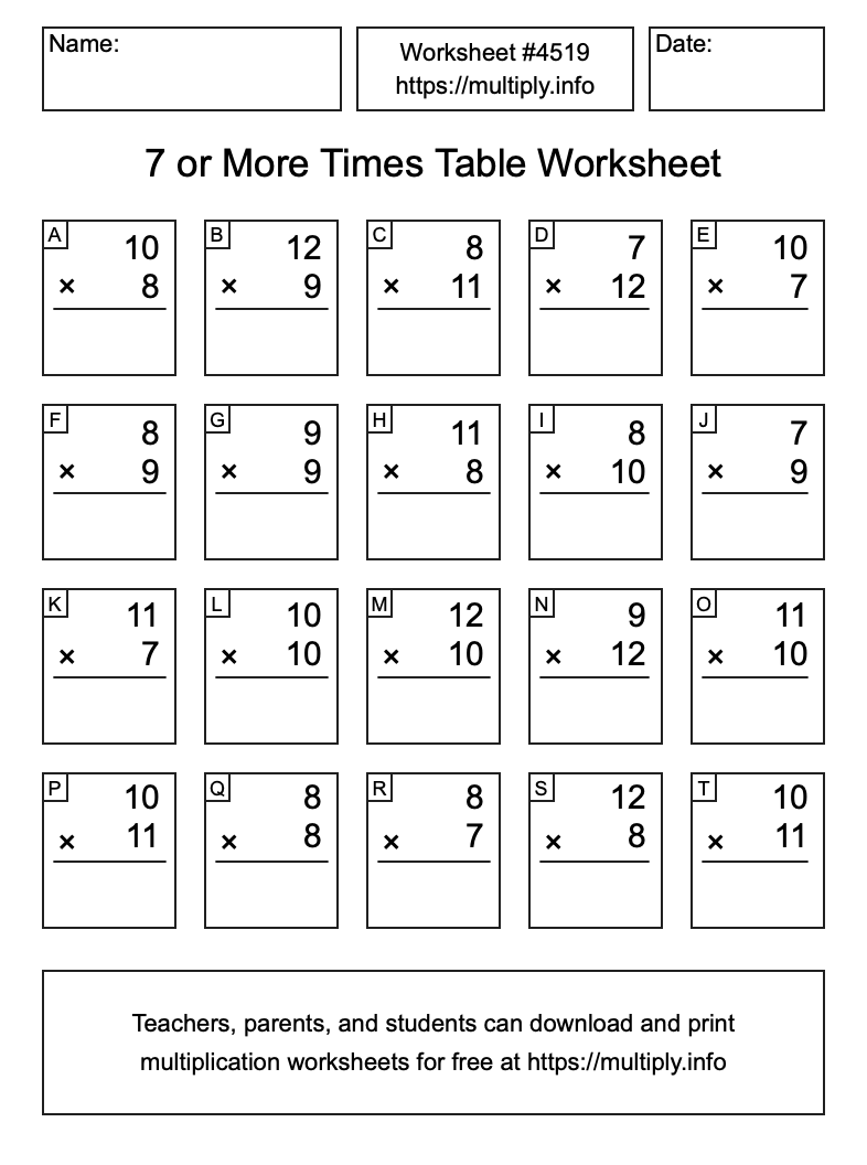 7 or more Times Table Worksheet #4519