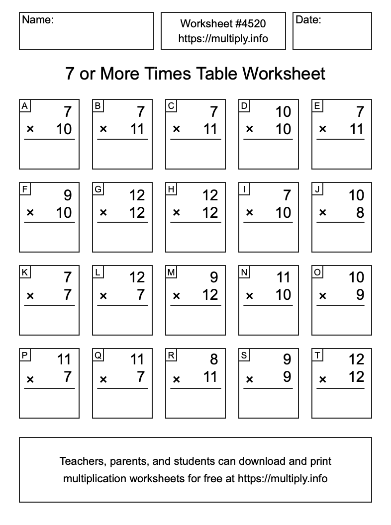7 or more Times Table Worksheet #4520