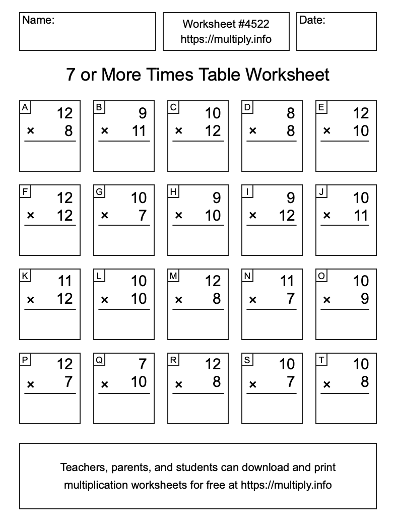 7 or more Times Table Worksheet #4522