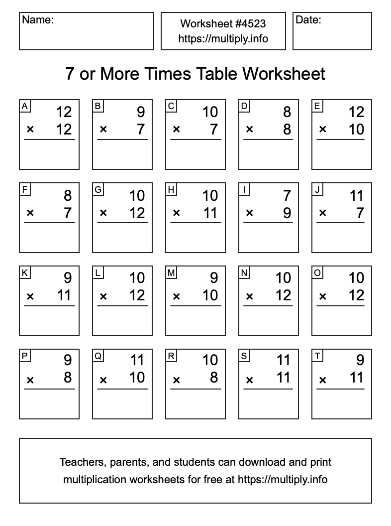 7 or more Times Table Worksheet #4523
