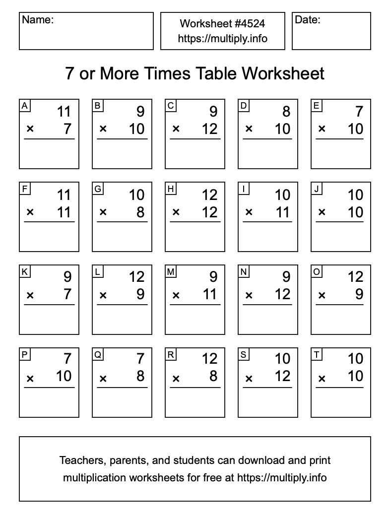 7 or more Times Table Worksheet #4524