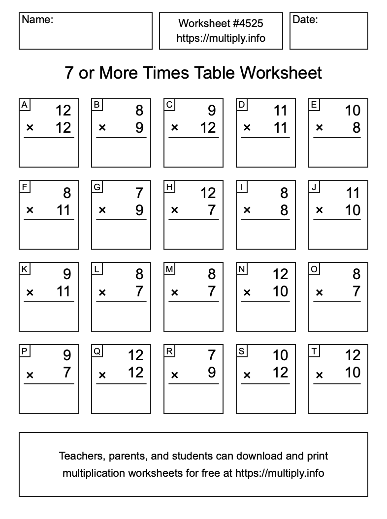 7 or more Times Table Worksheet #4525
