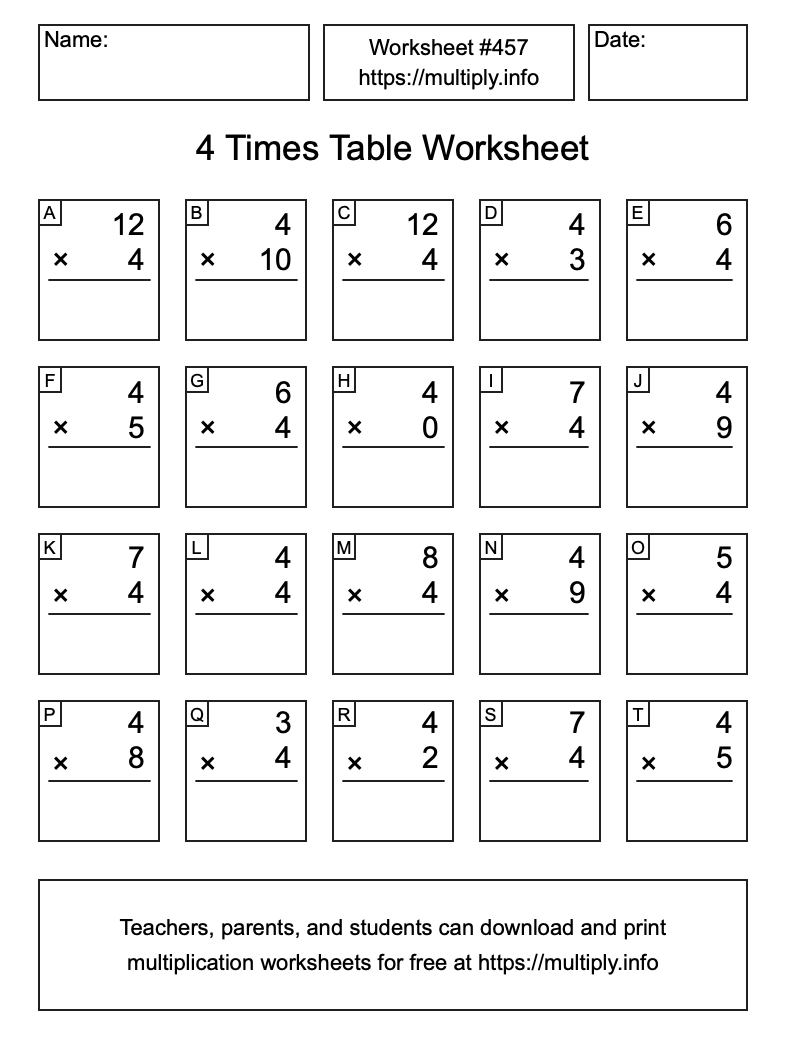 4 Times Table Worksheet #457