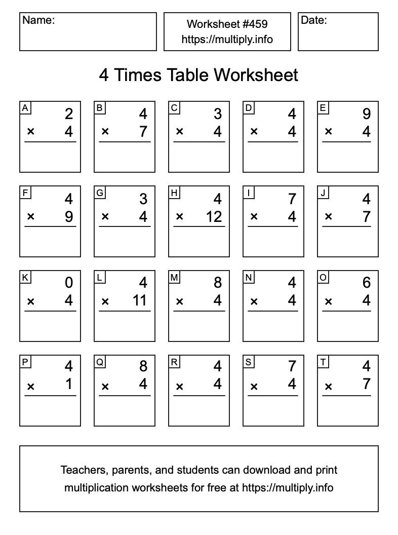 4 Times Table Worksheet #459