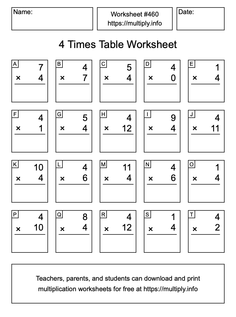 4 Times Table Worksheet #460