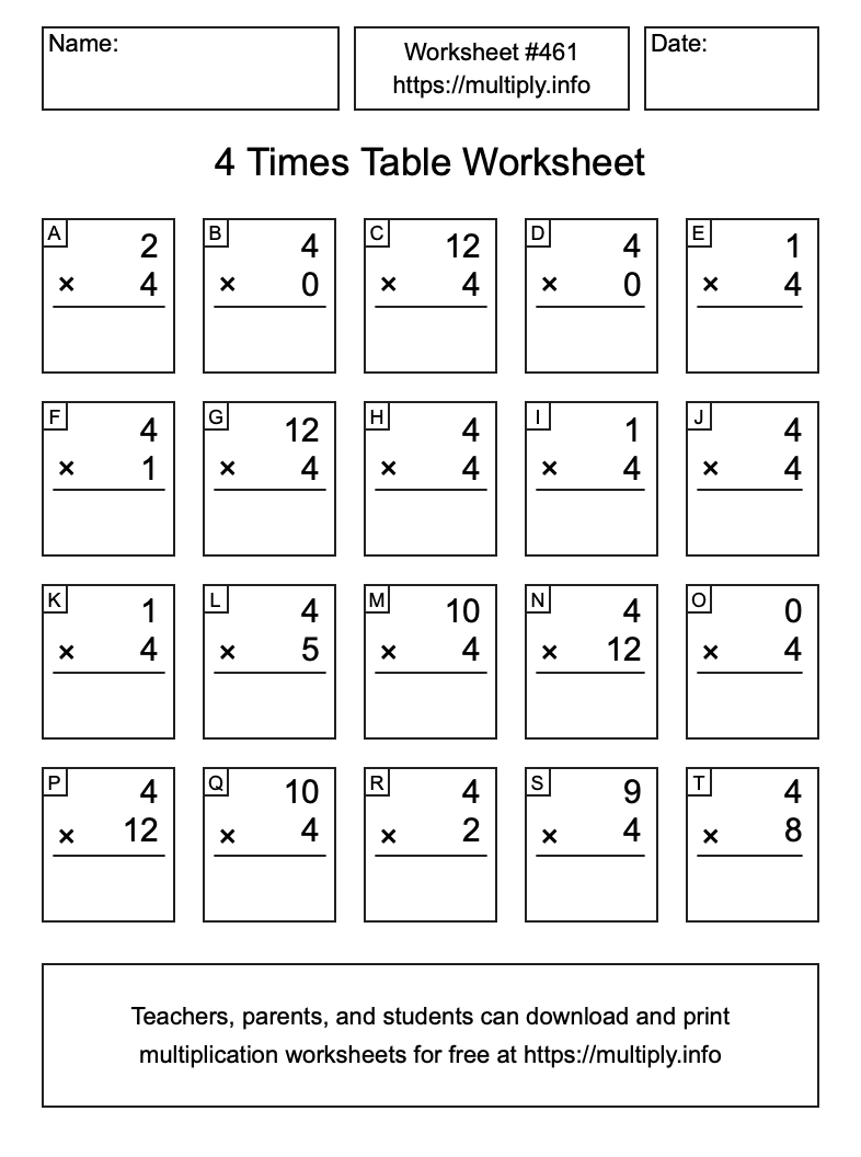 4 Times Table Worksheet #461