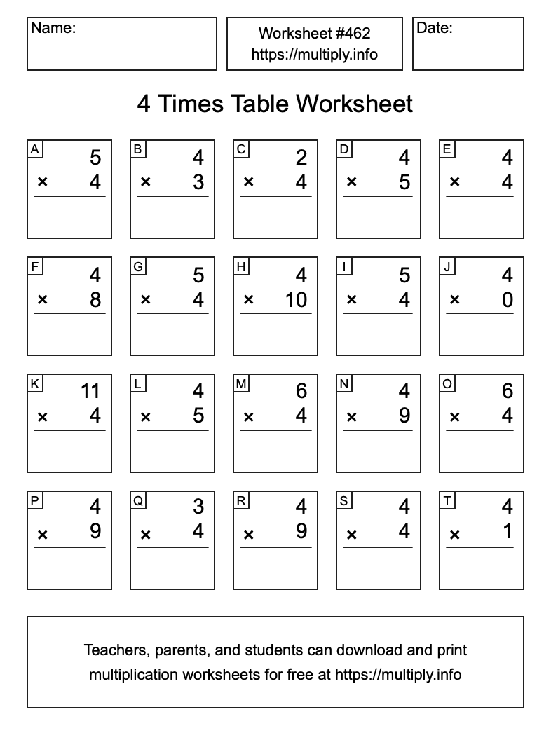 4 Times Table Worksheet #462