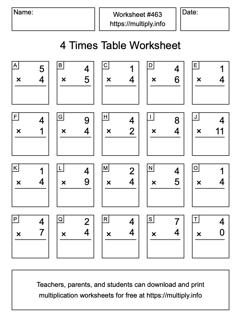 4 Times Table Worksheet #463