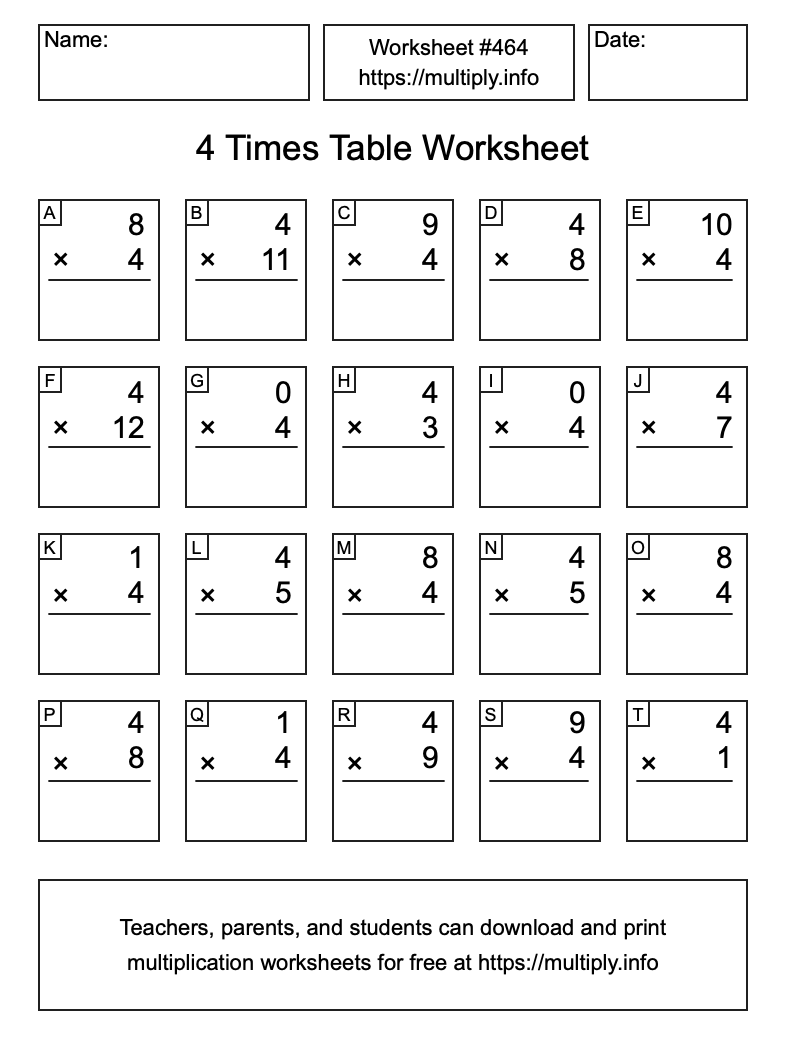 4 Times Table Worksheet #464