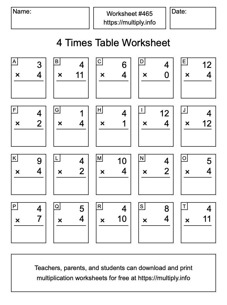 4 Times Table Worksheet #465