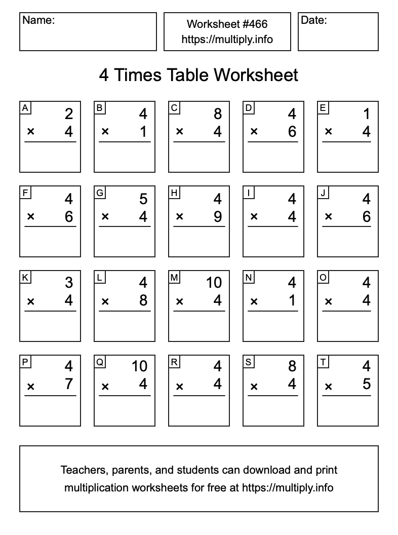 4 Times Table Worksheet #466