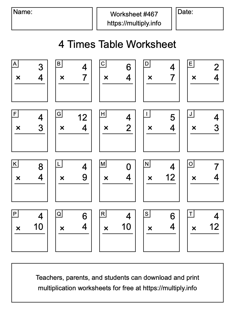 4 Times Table Worksheet #467