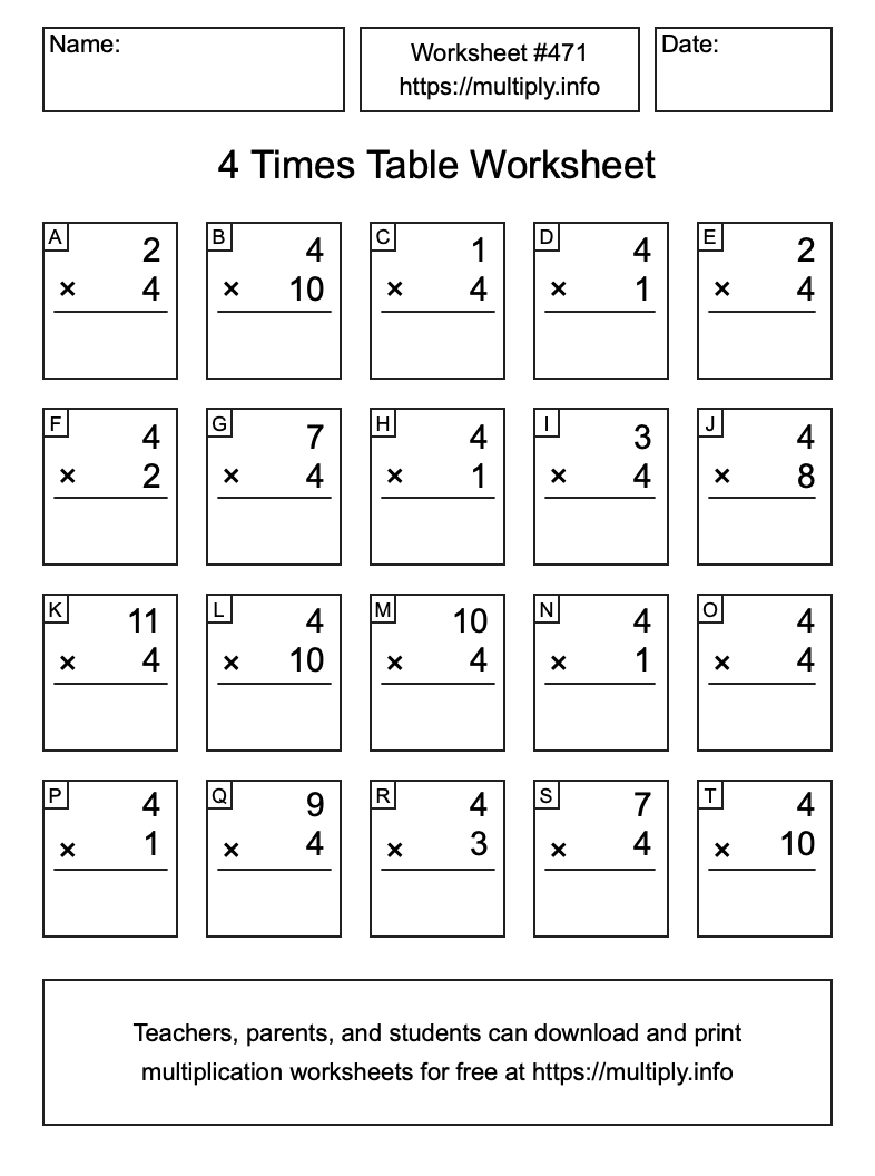 4 Times Table Worksheet #471