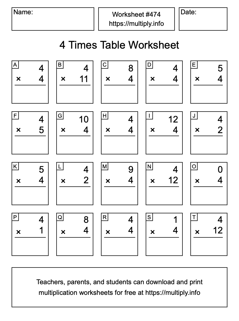4 Times Table Worksheet #474