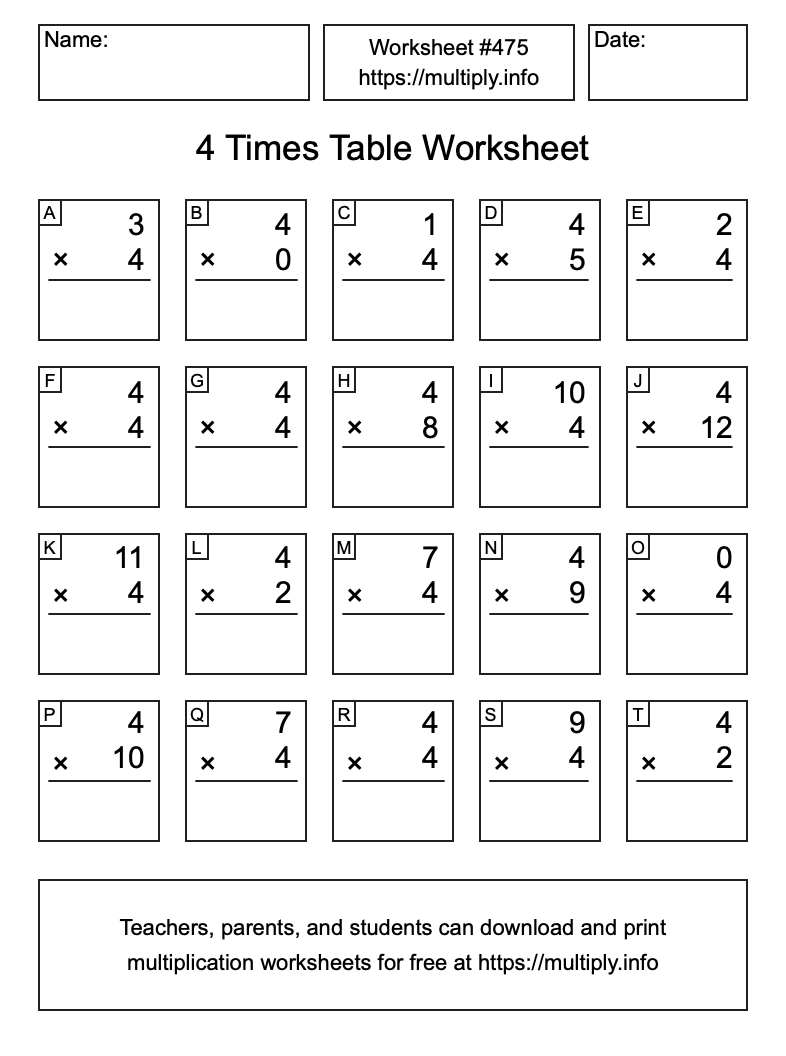 4 Times Table Worksheet #475