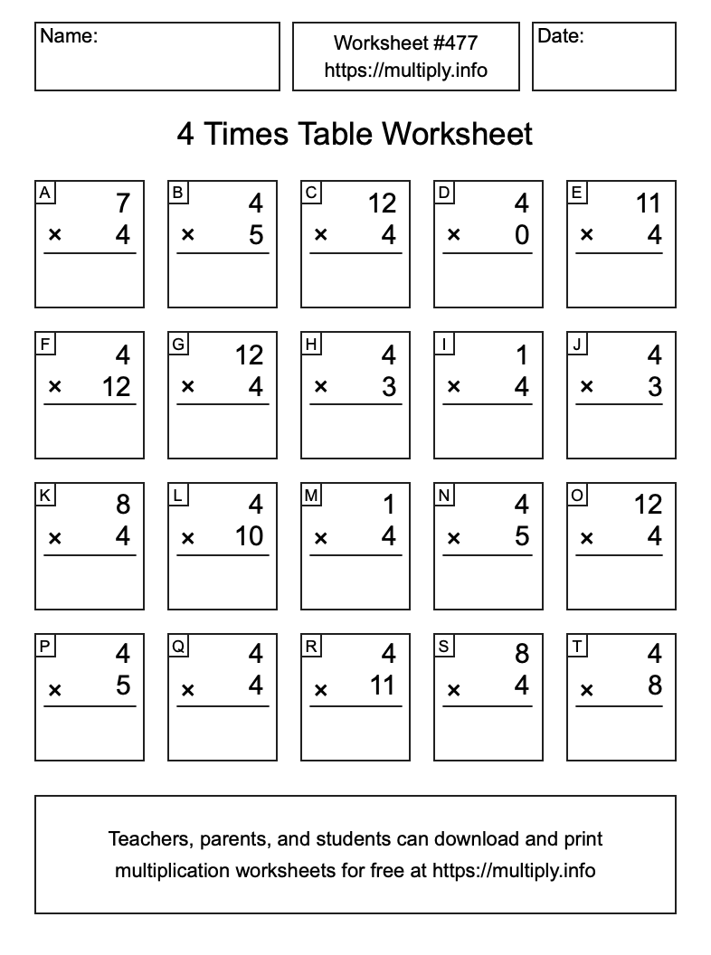 4 Times Table Worksheet #477