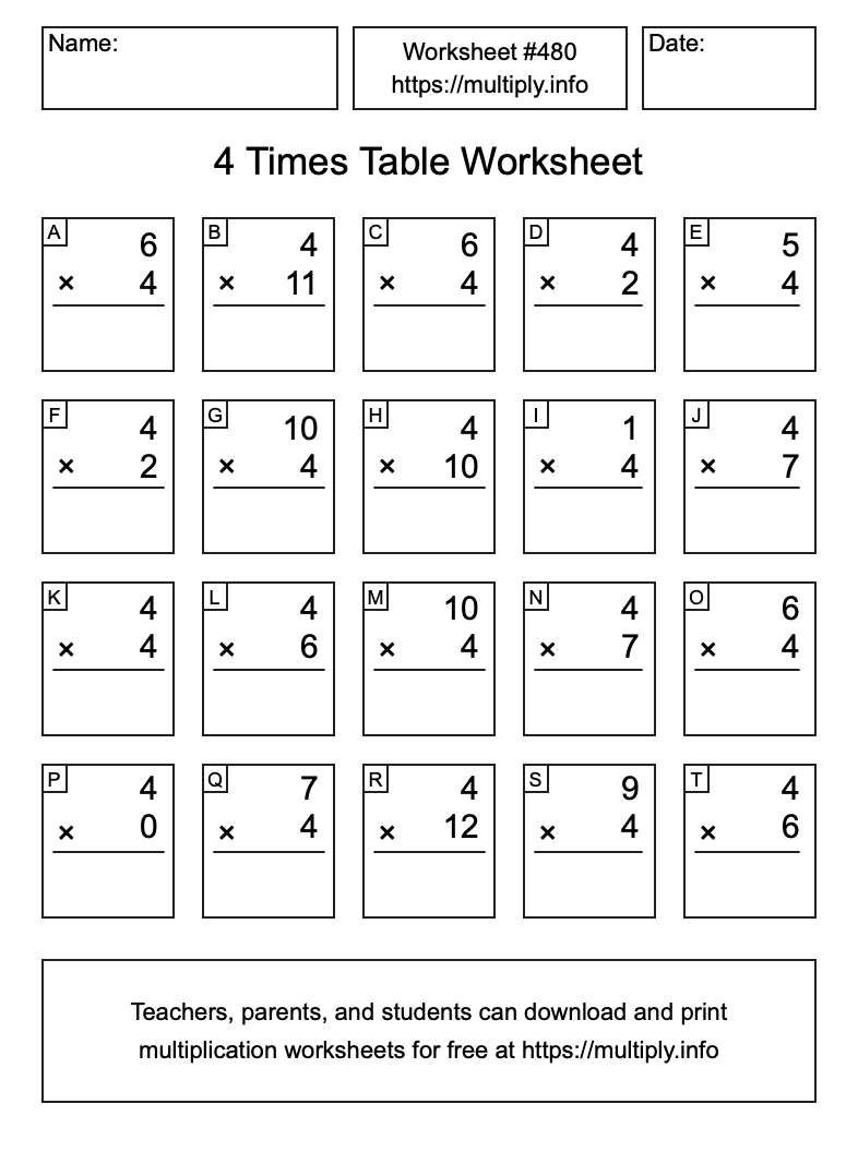 4 Times Table Worksheet #480