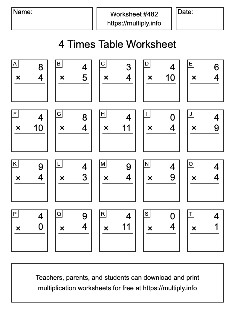4 Times Table Worksheet #482