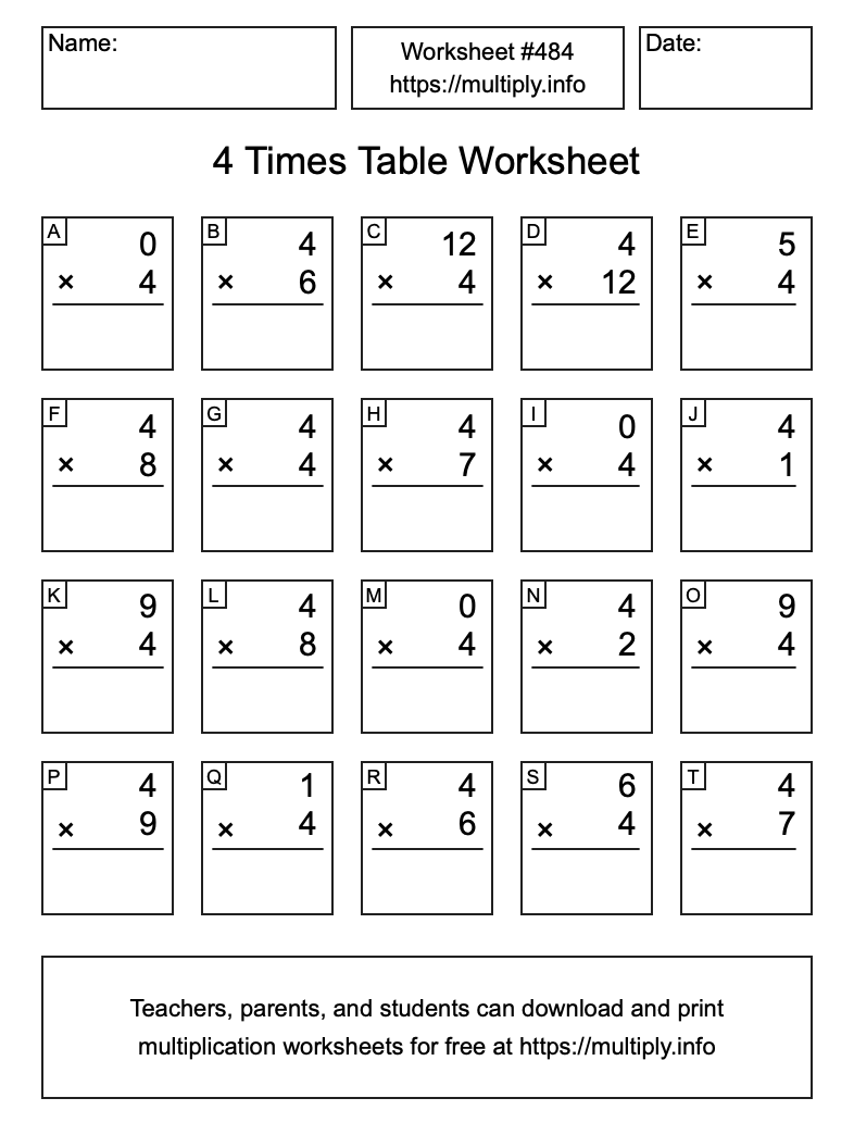 4 Times Table Worksheet #484