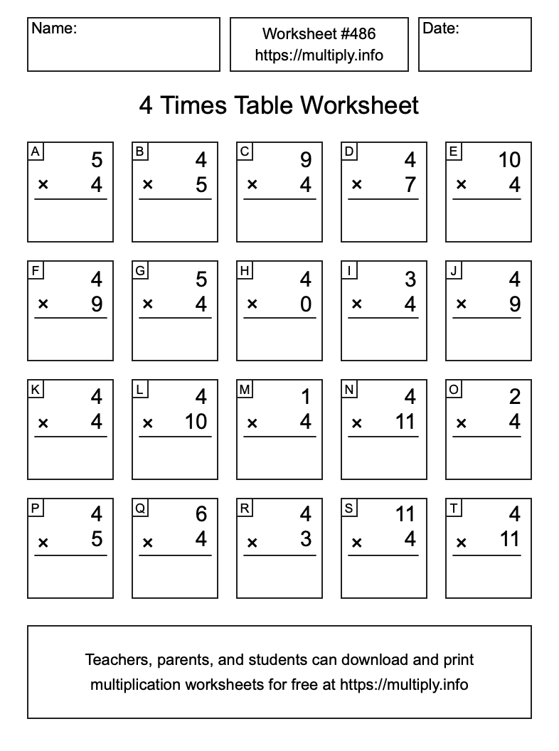 4 Times Table Worksheet #486