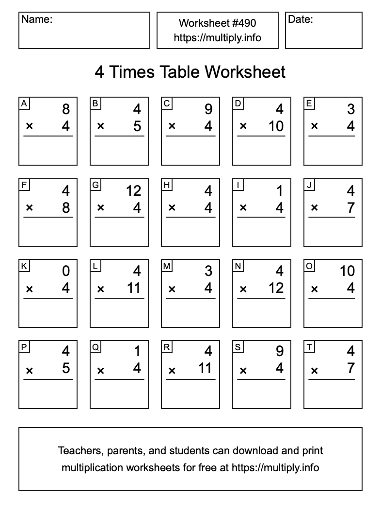 4 Times Table Worksheet #490